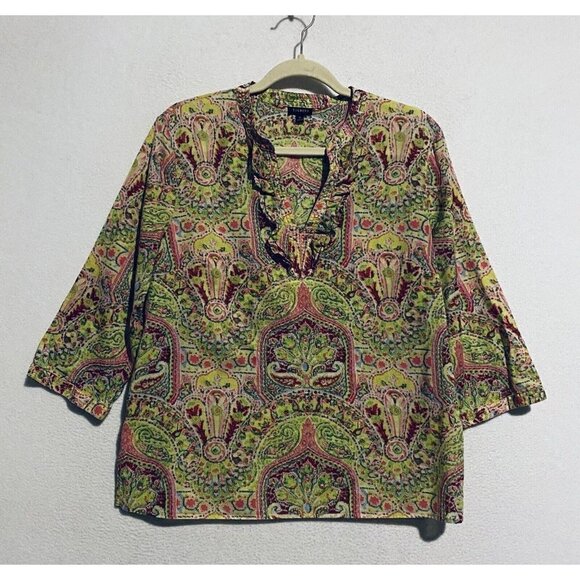 Talbots Top Womens Medium Green Artsy Boho Print Ruffle Collar V Neck Peasant - Picture 1 of 5